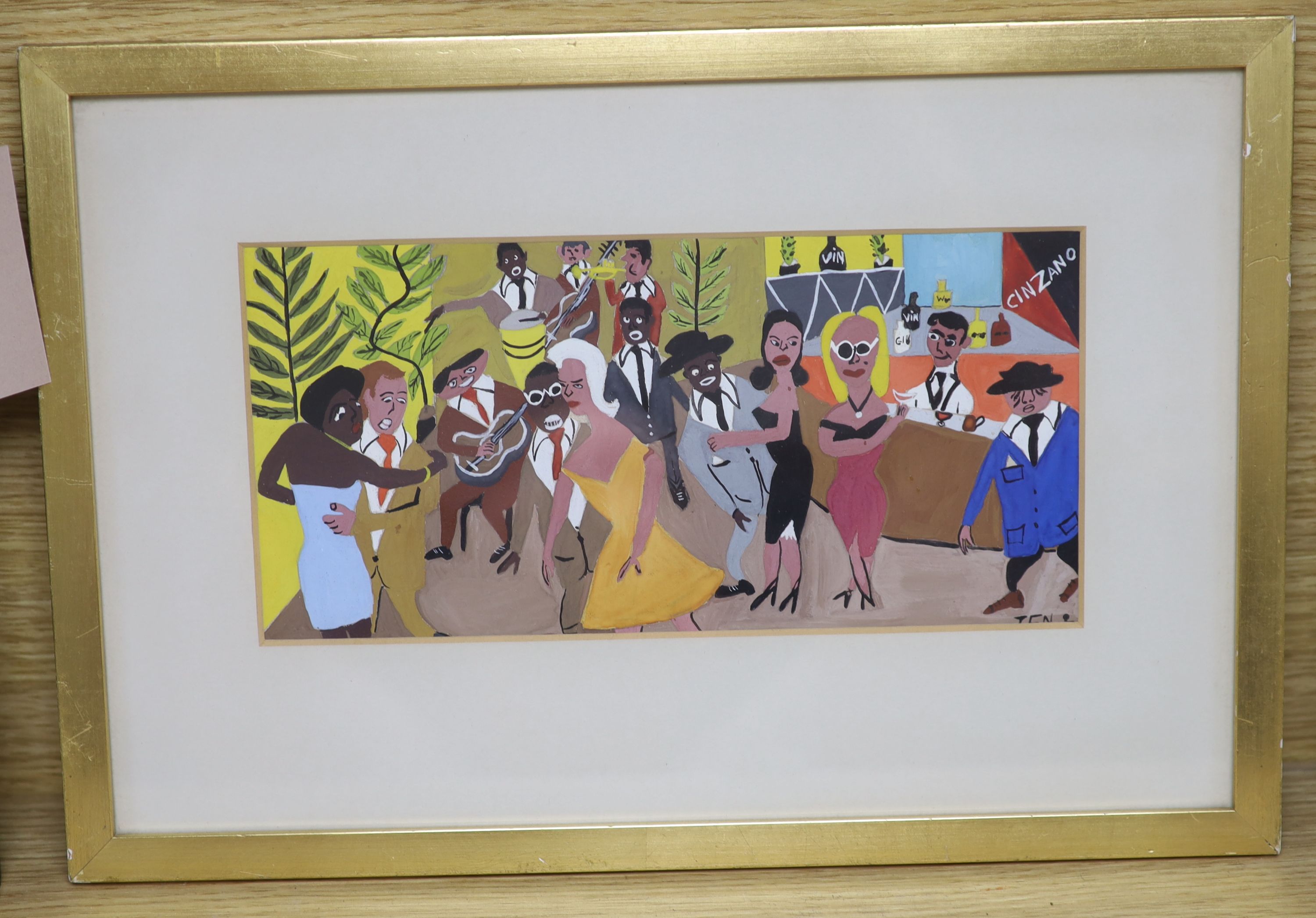 TEN, gouache, Dancers in a Jazz club, signed, 12 x 24cm